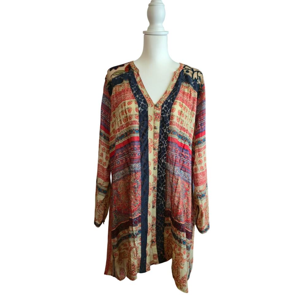 Boho Relaxed Sheer Lace Button Tunic L Soft Surroundings Aleyna Velvet Burnout